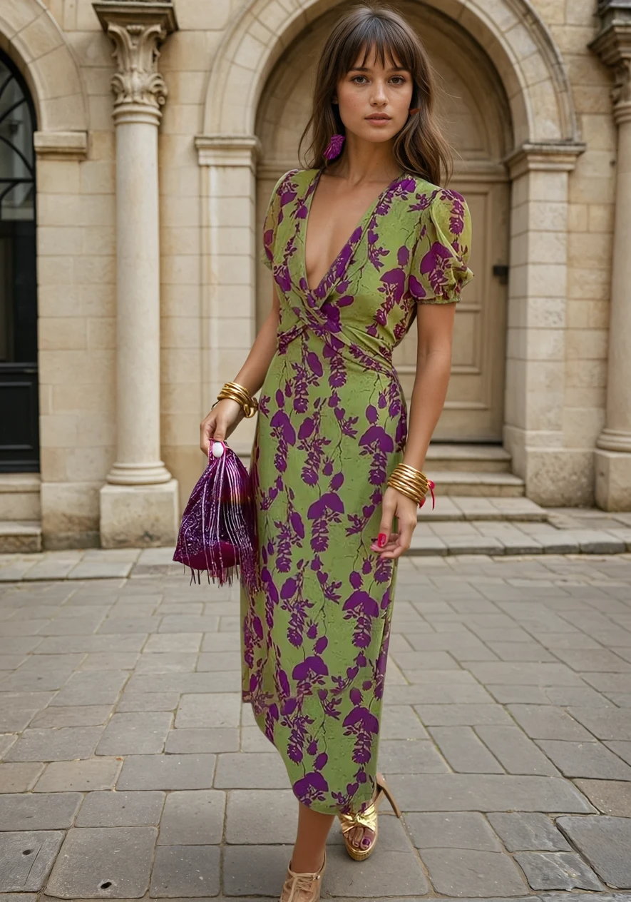 Florencia™ | Midi Wrap Dress in Groen & Paars